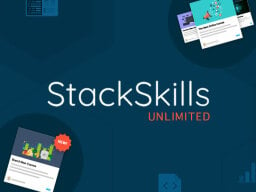 The StackSkills Unlimited logo surrounded by snapshots of its course offerings