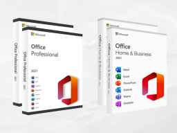 The Microsoft Office Professional and Home and Business software bundles side by side over a light background