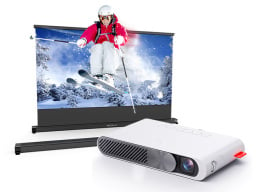 projector and screen displaying skiing event