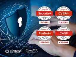 The iCollege course logos overlaid on a picture of someone's hands typing on a laptop