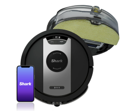 black and grey shark robot vacuum and mop with bottom piece on top right, smartphone at bottom left