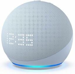 Refurbished Echo Dot (5th Gen) in a gray color overlaid on a white background