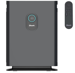 black/charcoal grey air purifier with remote control to the right