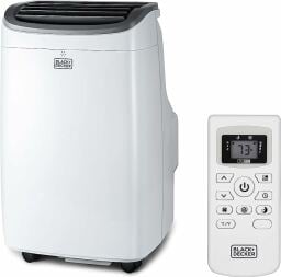 The Black+Decker 8,000 BTU Portable Air Conditioner shown with its white remote control over a white background