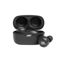 The JBL Live Free NC+ True Wireless earbuds with one piece in the black case and one piece outside of it 