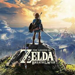 The Breath of the Wild game cover with link on a mountain and the game's title written in stylistic typeface
