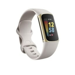 Fitbit Charge 5 watch in a white color over a white background