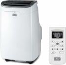 The Black+Decker 8,000 BTU Portable Air Conditioner shown with its white remote control over a white background