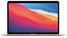 MacBook air in gold with colorful abstract screensaver