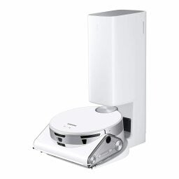White Samsung robot vacuum and dock on white background