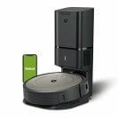 Roomba on dock and smartphone with green iRobot screen on white background