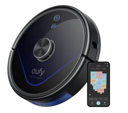 Eufy robot vacuum and smartphone with home map on screen