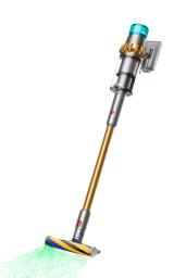 Dyson vacuum with gold extender and green laser coming out of cleaning head
