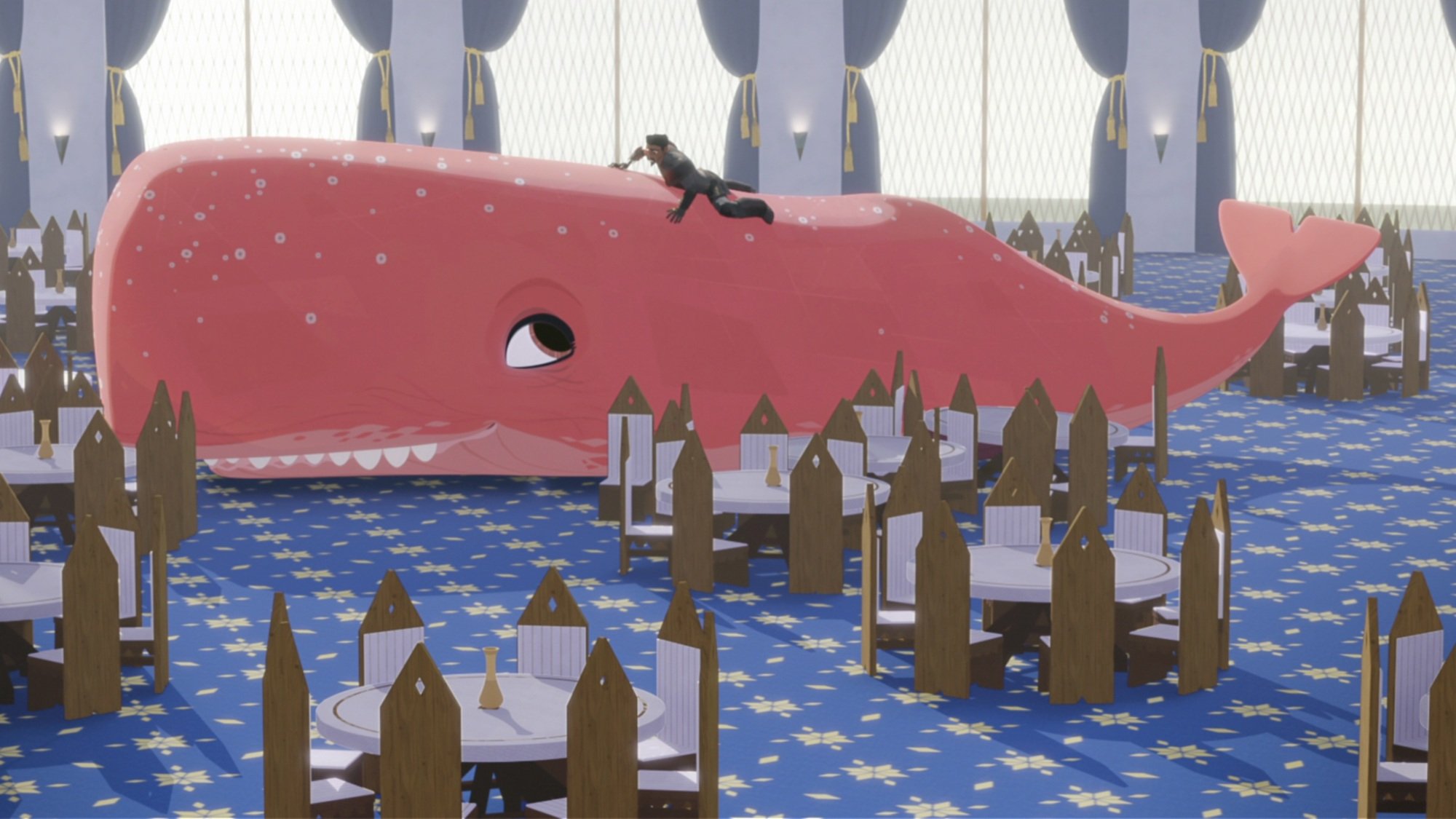 A knight in black armor rests on the back of a large pink whale in a fancy dining room with blue carpeting.