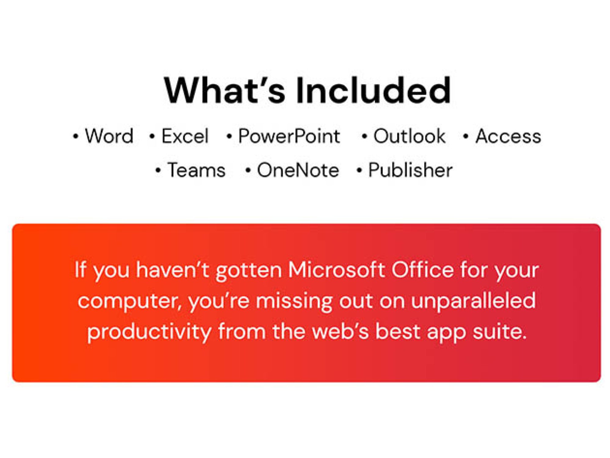 text listing the apps included with microsoft office