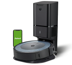 Roomba with self-docking station with smartphone to the left showing iRobot app