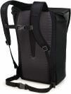 Osprey Transporter Flap Backpack with its backside showing, in a black color over a white background