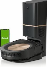 Roomba s9 on auto-empty dock and smartphone with green iRobot screen