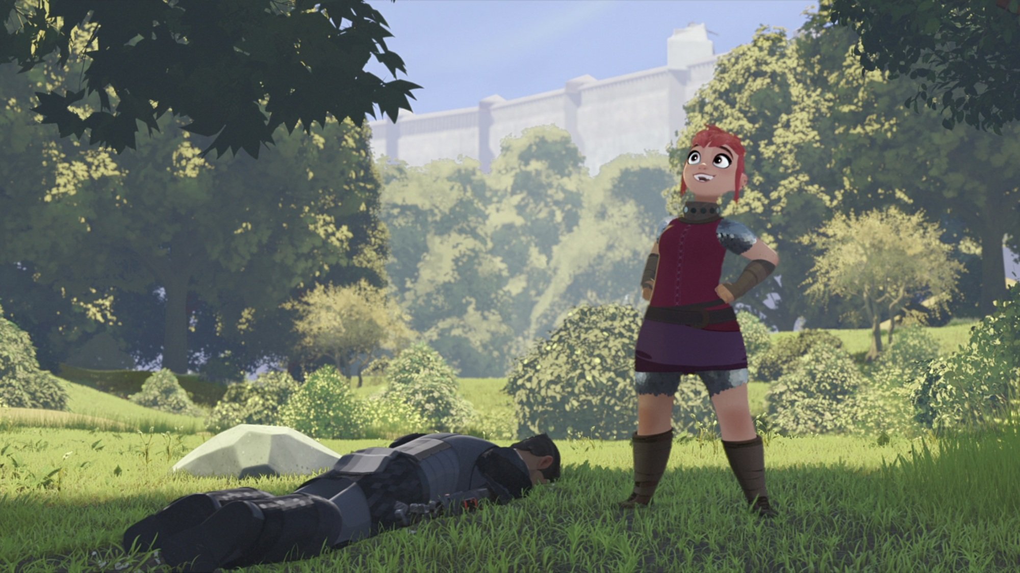 A young girl with pink hair stands with her hands on her hips in triumph, while a knight in black armor lies facedown in the grass next to her.