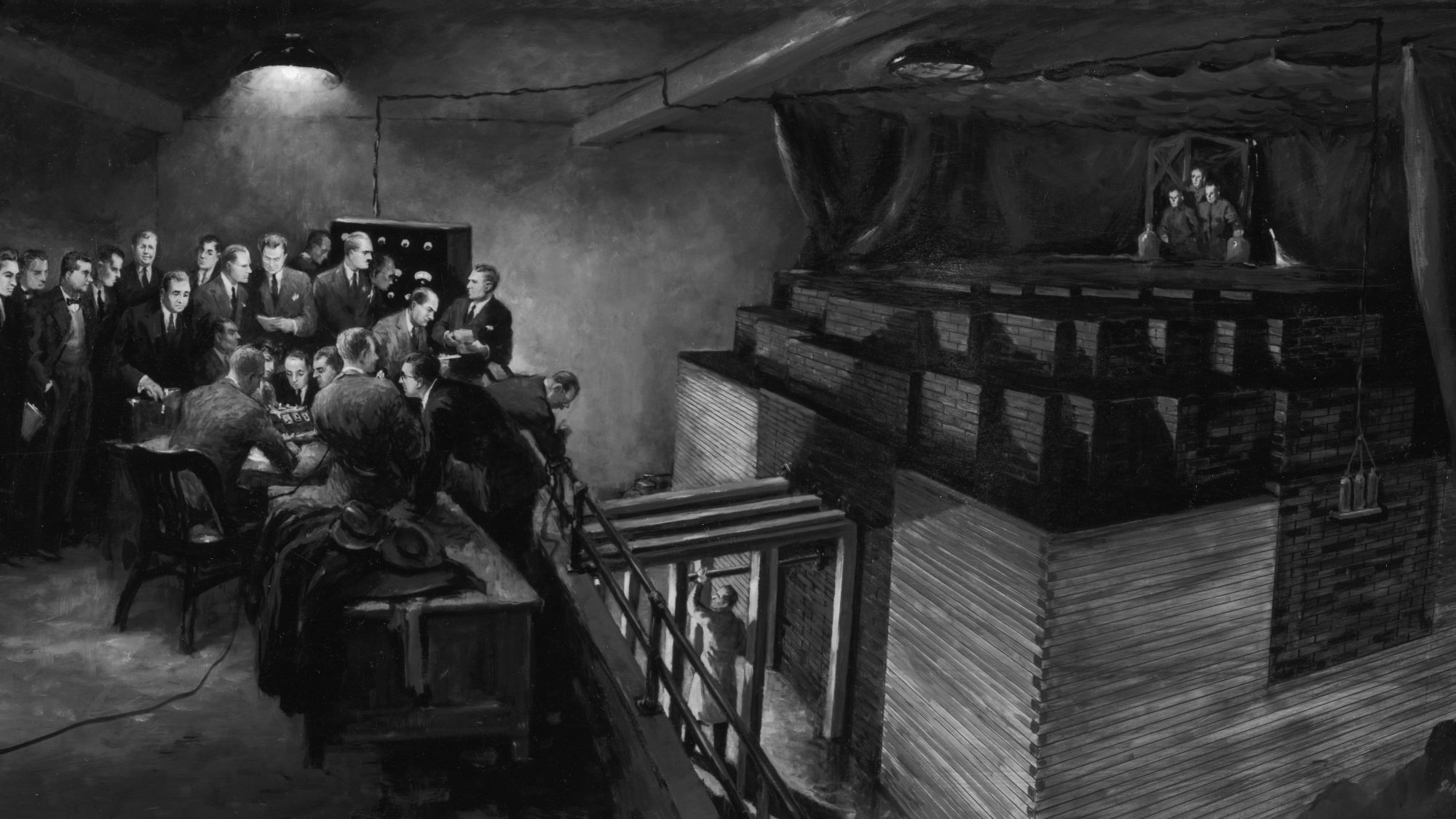 A black and white painting of scientists in suits overseeing the construction of a large pile of graphite.