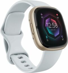 Fitbit Sense 2 with a white watchband over a white background