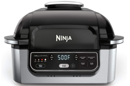 indoor grill with digital controls, black top, and steel colore body