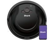 black robot vacuum, smartphone with purple screen on the bottom right