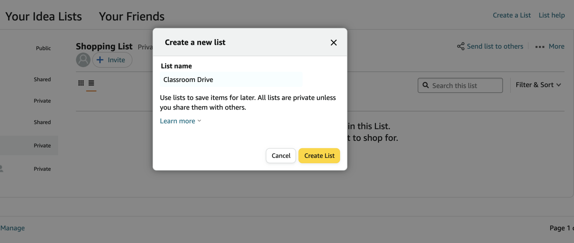 A screenshot of the "Create a List" menu on Amazon. 