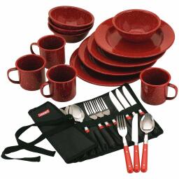 Coleman 24-Piece Enamel Dinnerware Set laid out with all of its components visible, in a red color