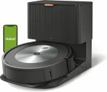 Roomba j6 on auto-empty dock and smartphone with green iRobot screen