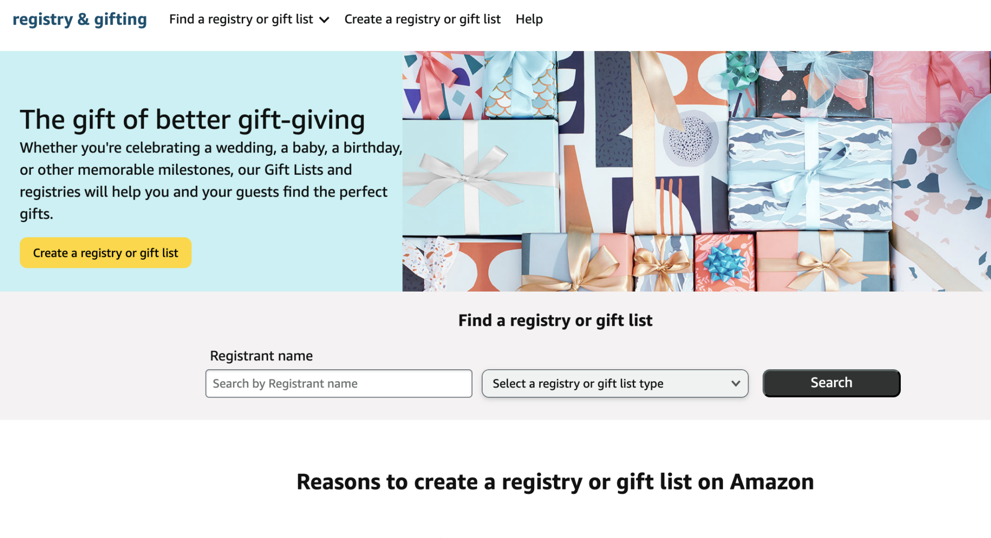 A screenshot of the Amazon Registry and Gifting page search bar.