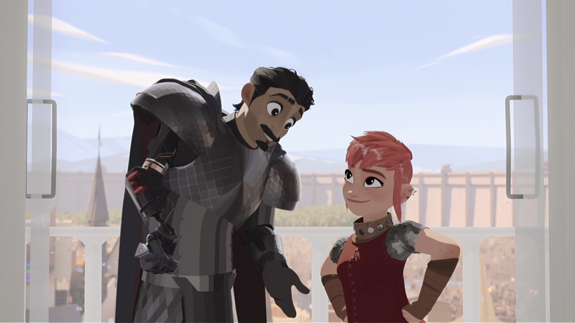 A knight in black armor and a young girl with pink hair smile while on a balcony overlooking a medieval kingdom.