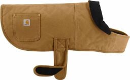 the Carhartt Firm Duck Insulated Dog Chore Coat in brown/brass
