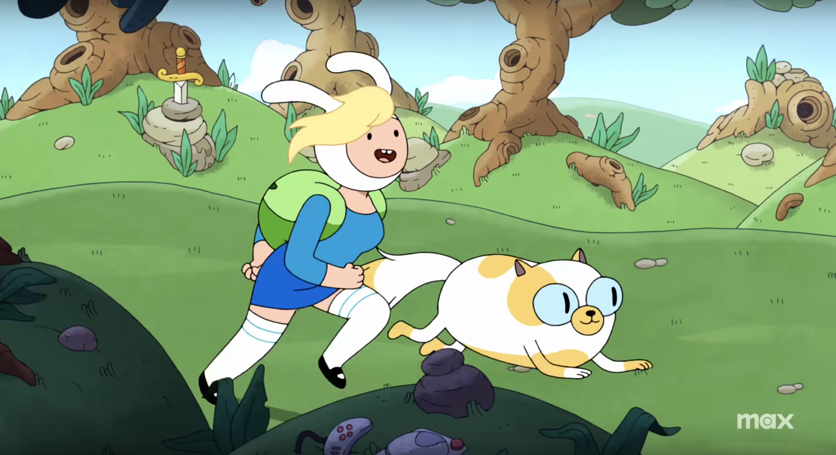 Fionna and Cake running across the Land of Ooo in 