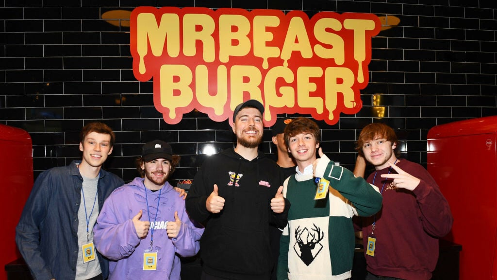 (L-R) Nolan Hansen, Sapnap, MrBeast, Karl Jacobs and Punz attend as Global YouTube star MrBeast launches the first physical MrBeast Burger Restaurant at American Dream on September 4, 2022 in East Rutherford, New Jersey.