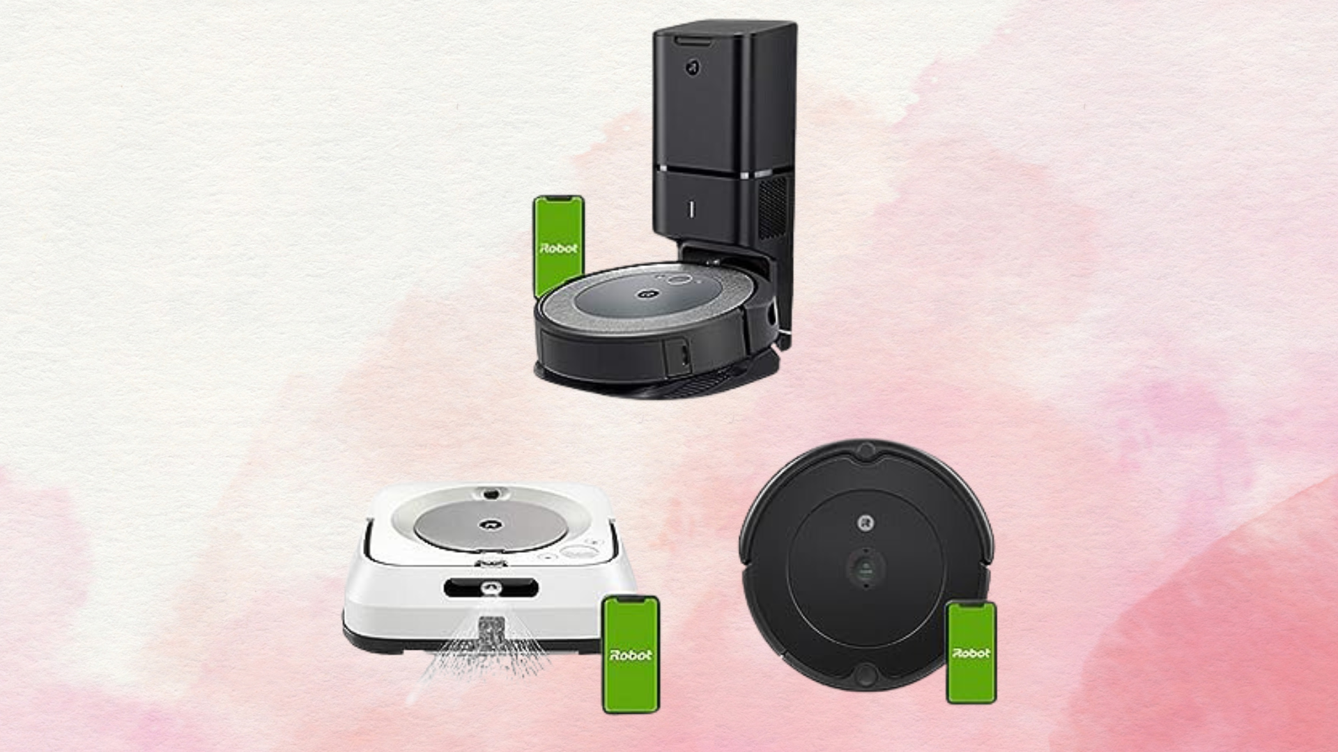 iRobot Roomba Vacuums against a pink background