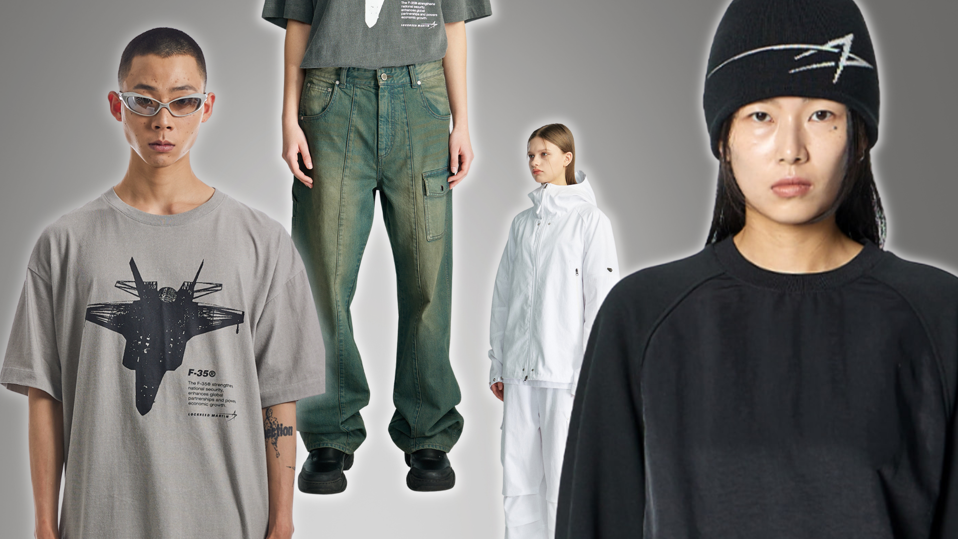 Four designs from Lockheed Martin Apparel, all streetwear mostly in whites, grays, and blacks.