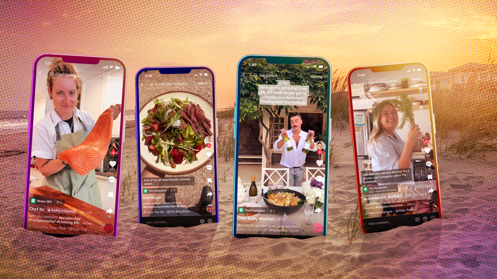 Private chef in the Hamptons TikToks displayed on phones on a Hamptons beach.