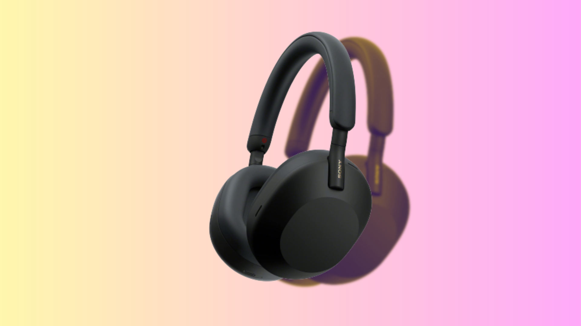 The Sony WH-1000XM5 headphones over a gradient and colorful background