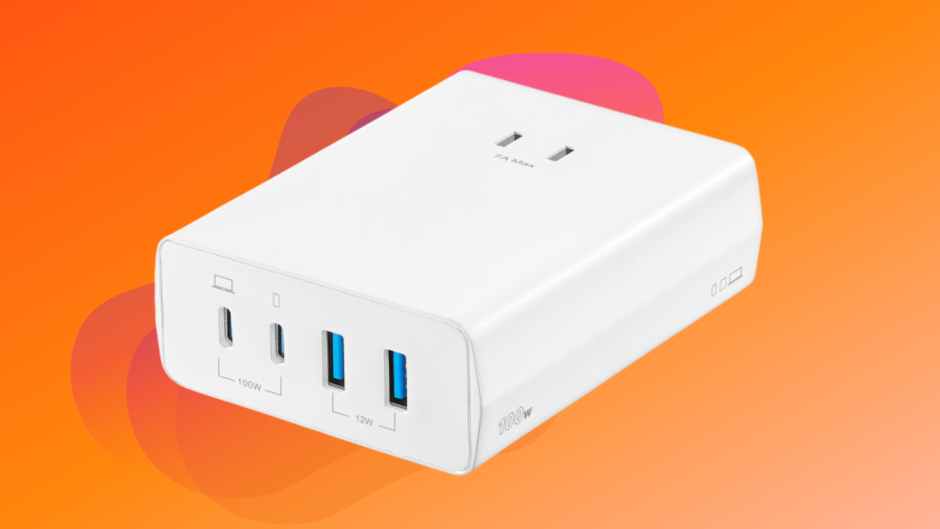 white 4-port charger with two USB-A and 2 USB-C ports against orange background