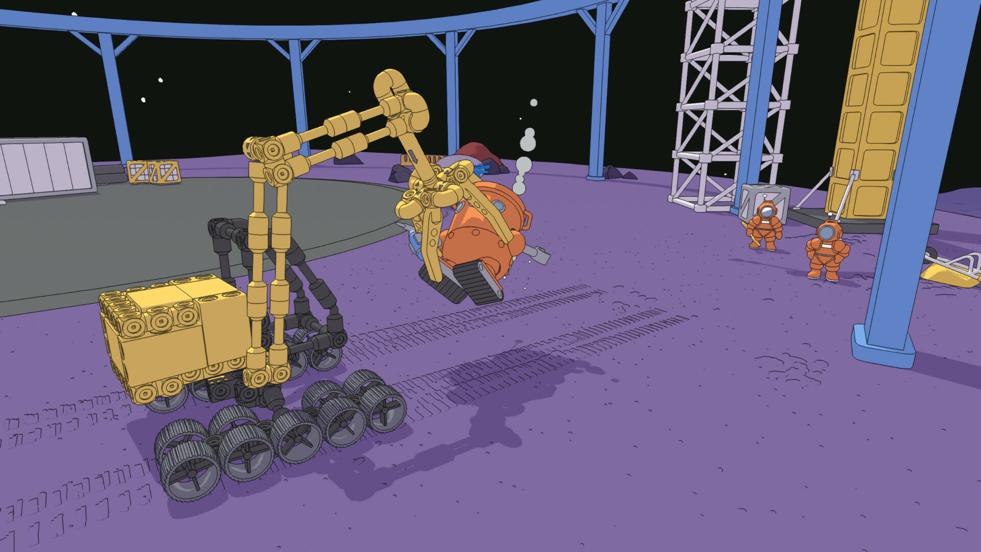 A Mars First Logistics screenshot. In it, a crane lifts a robot as astronauts look on.