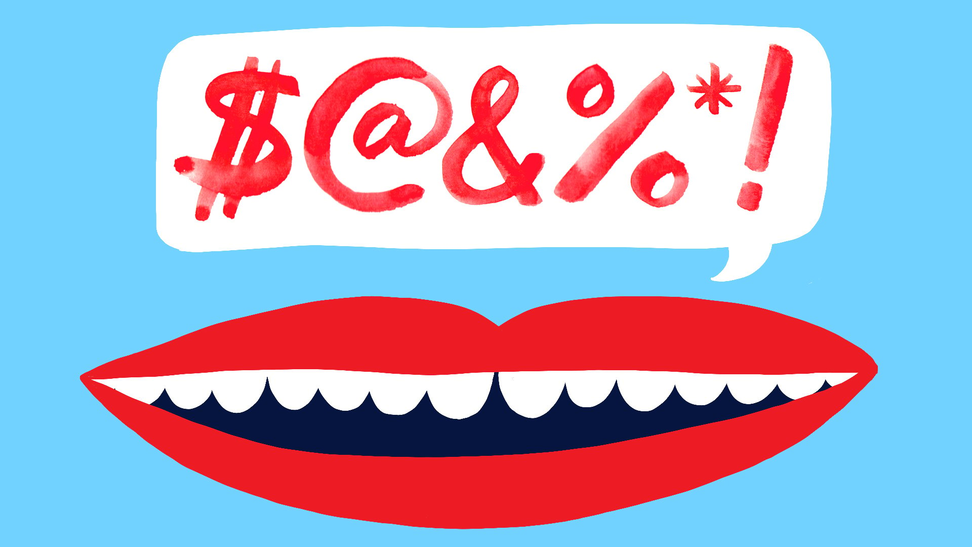 An illustration of a mouth, with a speech bubble coming from it. The speech bubble contains various symbols, signifying swearing.