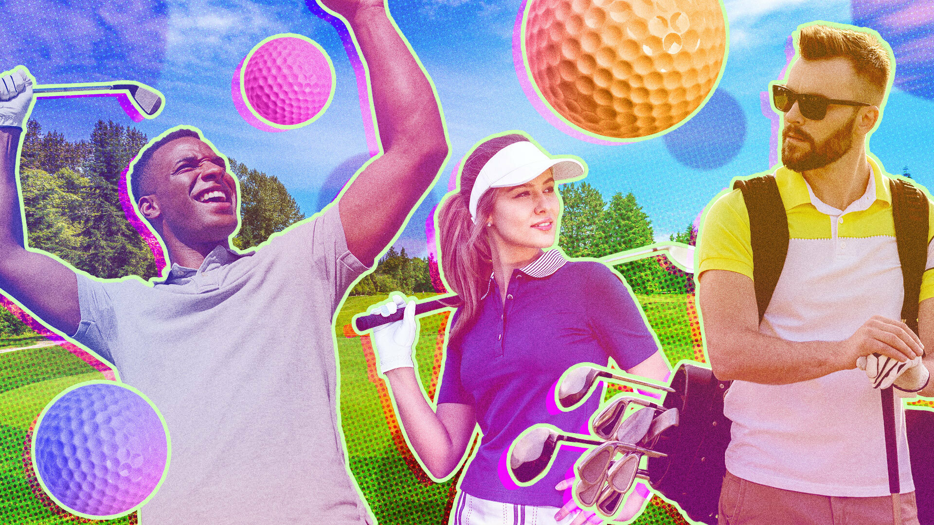 A colorful photo composite of people playing golf