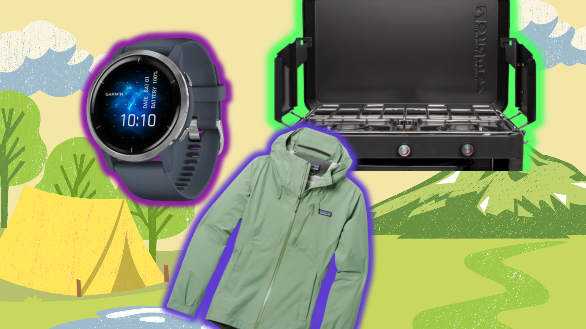 A Garmin watch, Patagonia jacket, and Zempire camping stove overlaid on a background of illustrated outdoor camping with a tent, trees, clouds, and more.