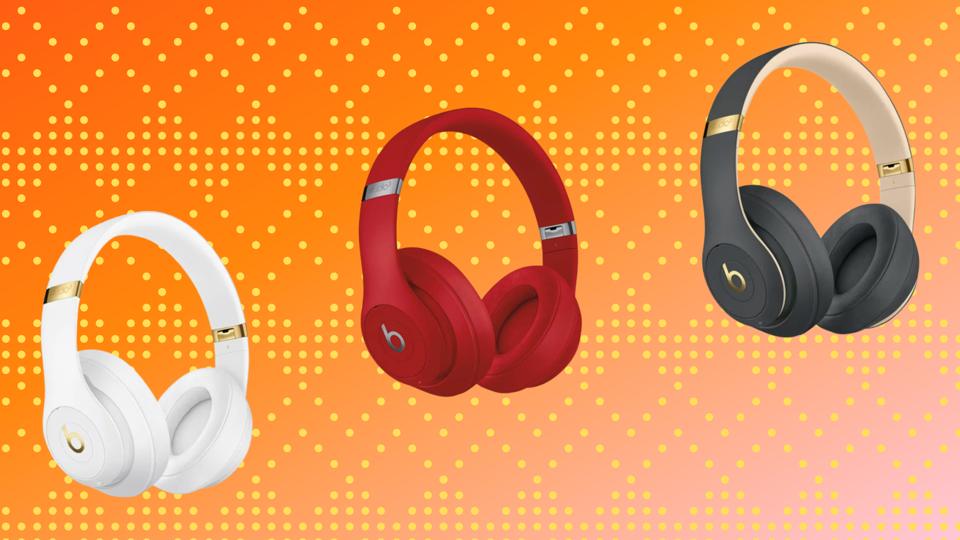 white, red, and black beats headphones against orange background with yellow dots