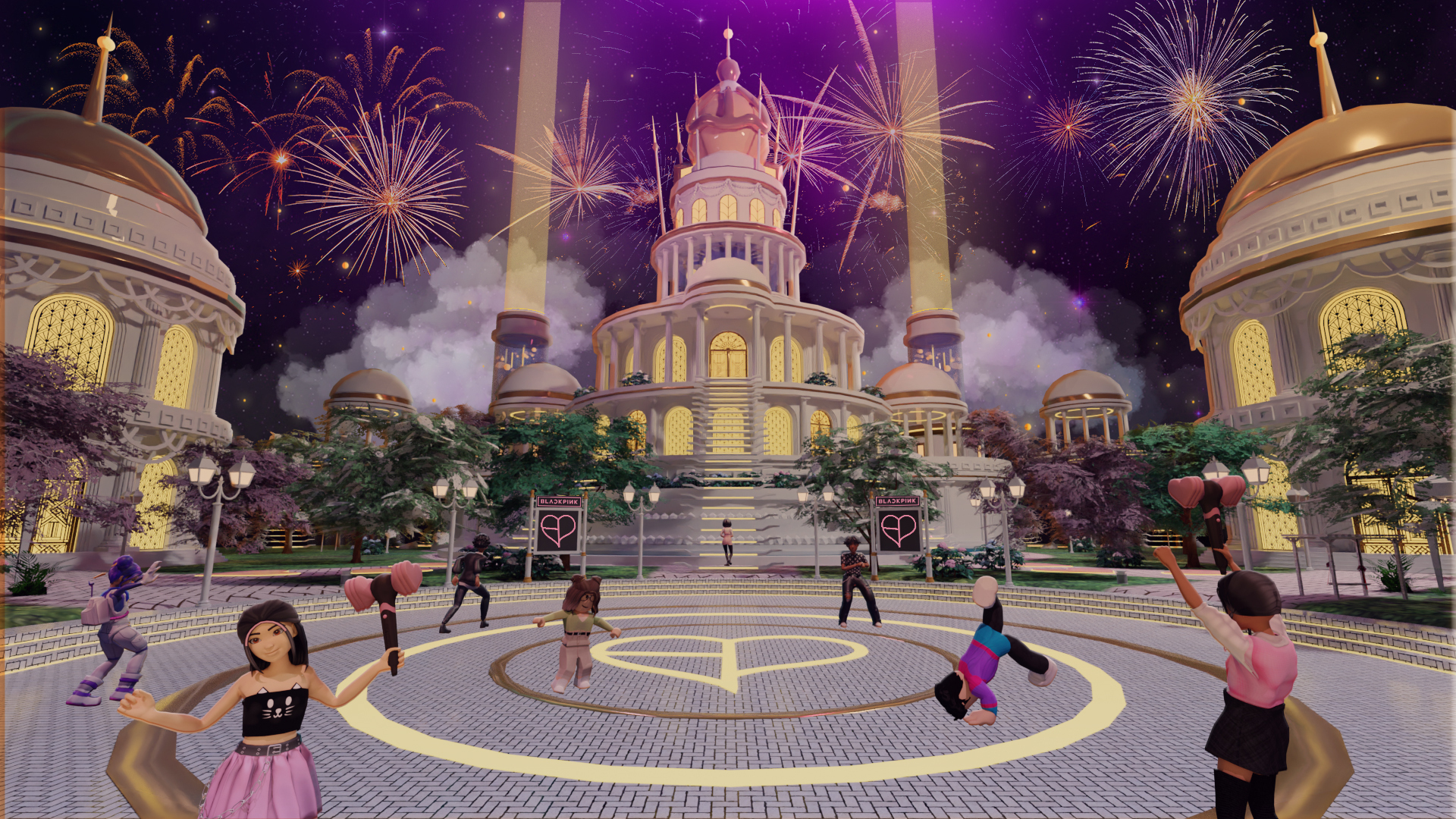 A town square in front of Blackpink palace where user avatars are celebrating, Fireworks explode in the sky.