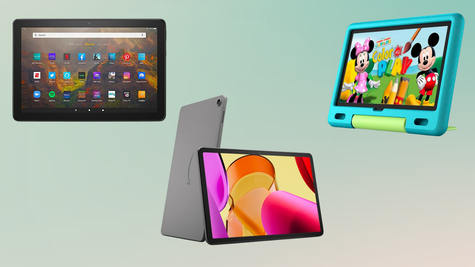 Amazon Fire tablets on mint green pastel background