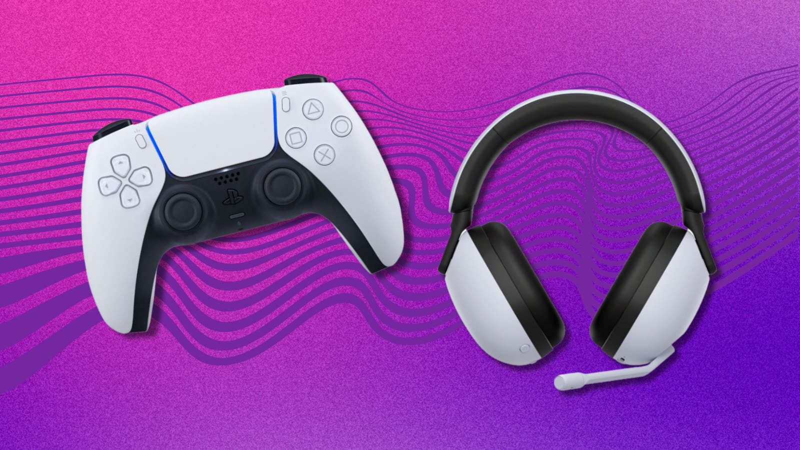 a playstation dualsense wireless controller and a sony inzone gaming headset against a pink and purple gradient background
