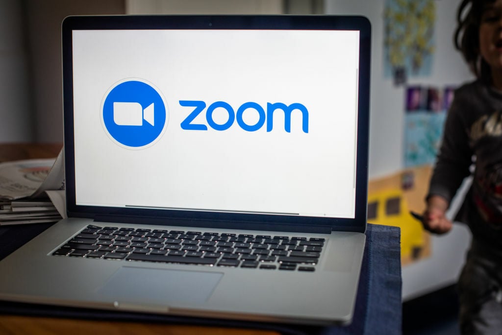 The Zoom Video Communications Inc. logo on a laptop computer.