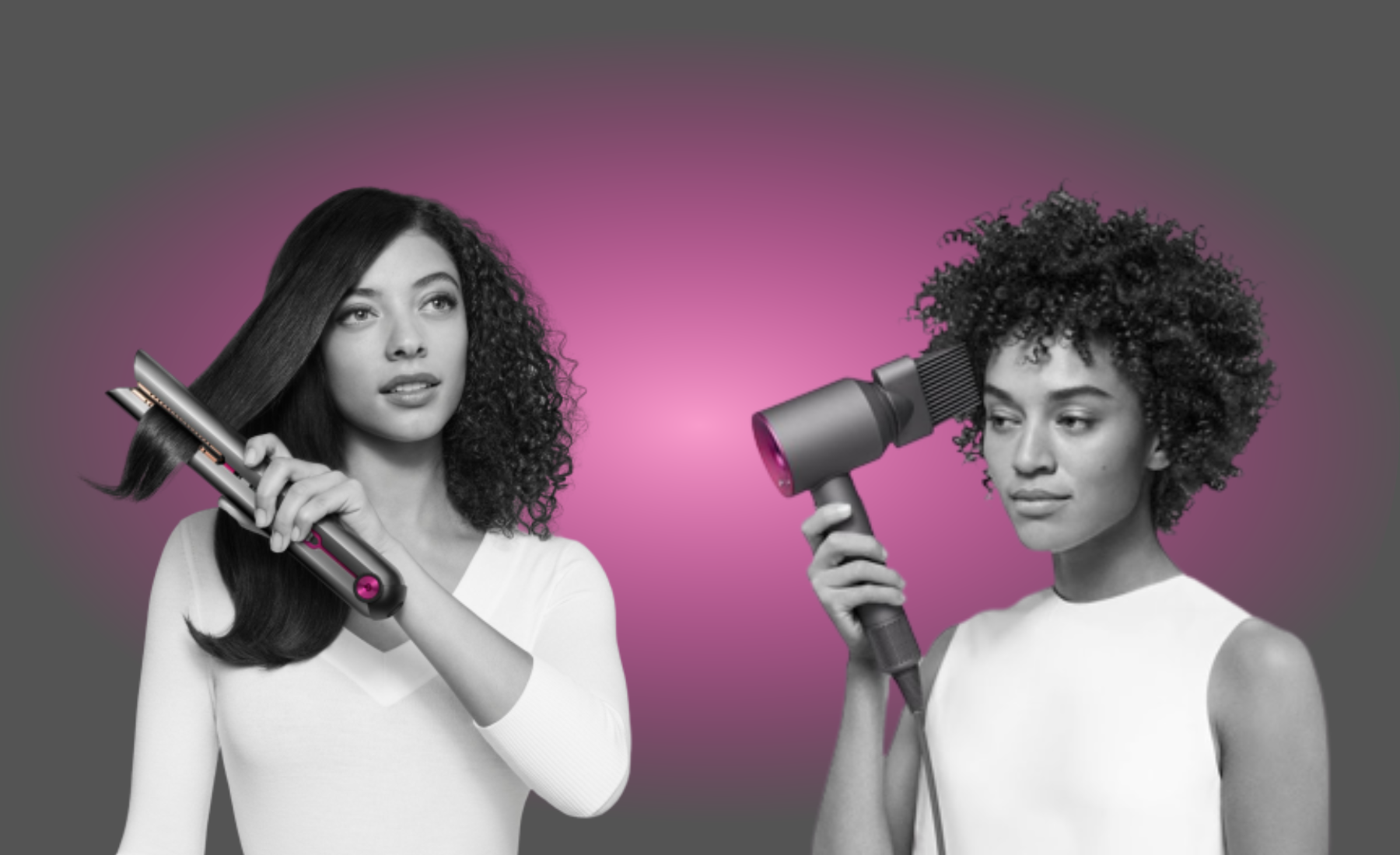 Two people styling hair with Dyson hair tools with gray and pink graphic in background